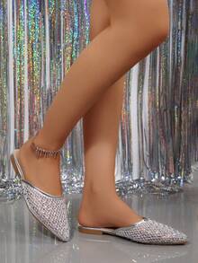 Zapatos cómodos y versátiles de moda para mujer, de unicolor con decoración de strass y punta puntiaguda - Plateado - Ver 5