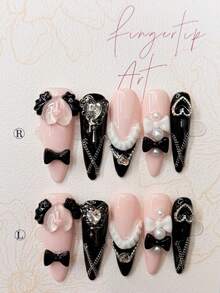 10pcs Y2K Cute Black & Pink Bow Polka Dot Detachable Reusable Nail Art Stickers (1 Sheet Jelly Stickers + 1 Nail File) Handmade Press On Nails - Multicolor - View 4