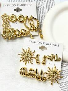 1 Paar - 10 Paar Damen-Ohrringe im europäischen & amerikanischen Stil, in Gold, mit Blumen-, Wassertropfen-, Sonnengott-, Herz- und Streifenmustern, geeignet für den täglichen Gebrauch, Treffen und Partys. - Gold - Übersicht 1