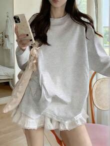 Women's Student Pure Grey Minimalist All-Match Long Sleeve Loose Versatile Casual Home Daily Commute Slouchy Ribbed Neutral Long Sleeve Top T-Shirt - Light Grey - View 1