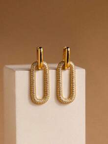 1 Pair Fashion Metal Paperclip Square Chain Link Pendant Earrings, Lightweight Minimalist Aesthetic Women's Jewelry, Suitable For Daily Wear - Gold - View 2