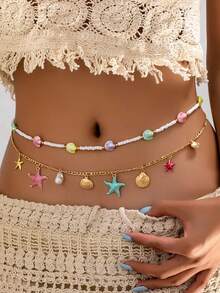 1pc Fashionable Elegant Vacation Style Starfish Shell Tassel Waist Chain Suitable For Women Beach Holiday Wear - Multicolor - View 9