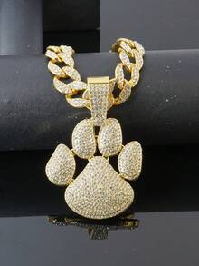 Men's Rhinestone Dog Paw Print Pendant Necklace, Full Rhinestone Cuban Chain Hip Hop Shiny Streetwear Jewelry, Gold & Silver - Dog Paw Pendant Necklace - View 9