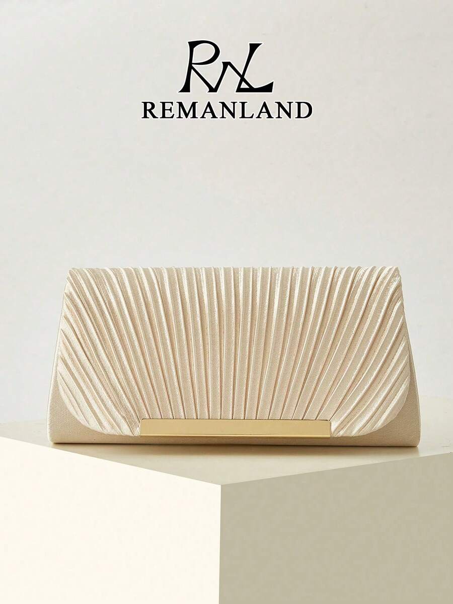 REMANLAND 奢華迷人杏色斜紋壓褶手拿包,凸顯精緻3D壓褶紋理,飾有鍍金金屬框架,散發溫暖優雅氣息,是雞尾酒會、社交聚會與慶典的時尚伴侶,展現優雅與高貴,最適合送給女性的禮物 - 杏色 - 查看 1