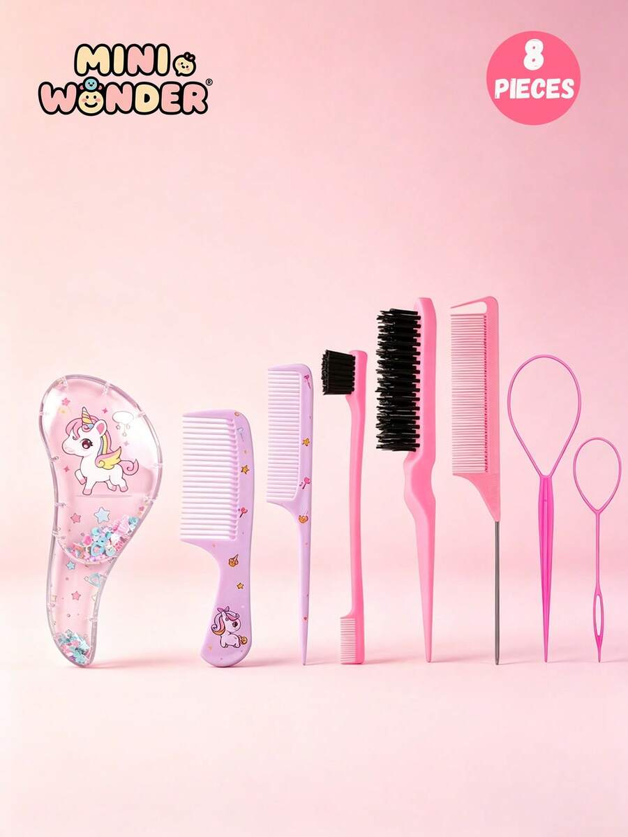 Set di 8 pezzi di strumenti per lo styling dei capelli a forma di luna crescente e unicorno - Include pettine a cartone animato, pettine da riparazione, spazzola laterale, pettine a coda e strumenti per trecce, adatto per tutti i tipi di capelli - Multicolore - Visualizzare 1