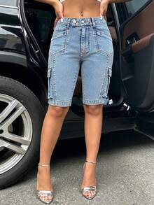 Frühling/Sommer vielseitiges modisches lässiges sexy Party Urlaub College Alltag Reise Flughafen Outfit Denim Damen Stretch Slim Fit Denim Shorts - Blau - Übersicht 2