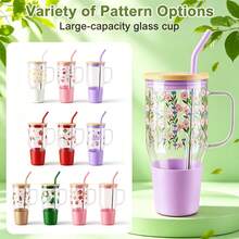 40oz Glass Tumbler With Lid And Straw, Cute Printed Summer Cup, Large Capacity Reusable Drink Mug For Iced Coffee, Cold Drinks, Water Bottle & Beach Party - 紫色 - 查看 5