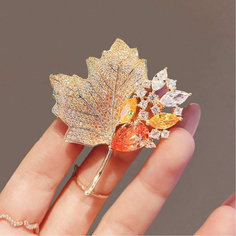 Vintage Luxury Full Rhinestone Maple Leaf Brooch Green Orange Colorful Rhinestone Inlaid Exquisite 3D Leaf Lapel Pin Accessory For Suit Coat - Multicolor - View 1
