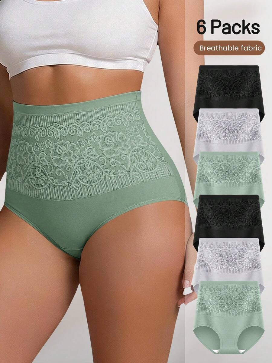 6pcs Women Plus Size High Waist Panties Triangle Briefs Lace Patchwork Soft Breathable