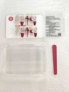 10 Pcs Handmade Press-On Nails Set – Elegant Red & Nude Nail Art | 3D Apple & Bow Detail | Reusable Medium Almond False Nails With Storage Box & Tools | Perfect For Party, Holiday & Daily Wear Gift Set - "Crimson Wish" - 查看 4