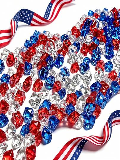 118pcs July 4th Independence Day Vase Fillers, Faux Ice Stones, Acrylic Ice Cubes, Faux Diamond Patriotic Red & Blue Artificial Stones, Suitable For Independence Day, Wedding, Table Scatter, Party DIY Decor