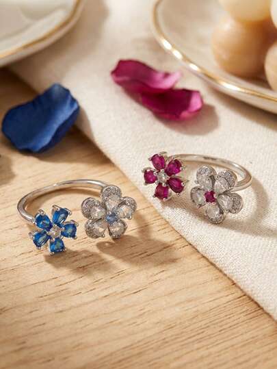 1pc Silver Fashion Luxury Shiny Cubic Zirconia Double Flower Adjustable Open Ring, Women's Daily Commute Date Vacation Jewelry Gift