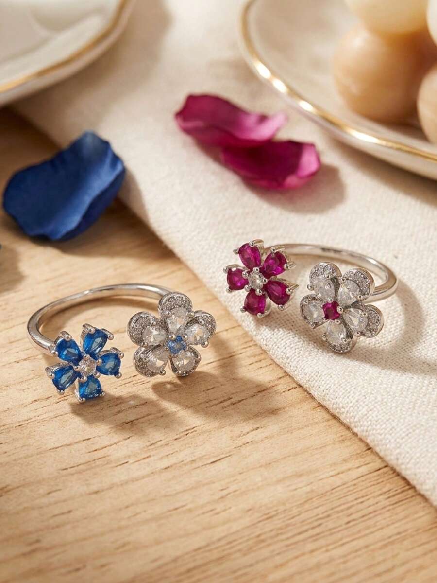 1pc Silver Fashion Luxury Shiny Cubic Zirconia Double Flower Adjustable Open Ring, Women's Daily Commute Date Vacation Jewelry Gift - Silver - View 1