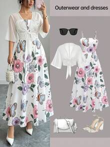 Women's Fashion Elegant Pearl 3D Floral Print Dress Chiffon Jacket Elegant 2-Piece Set Beach Vacation 2-Piece Set Summer - Multicolor - View 2