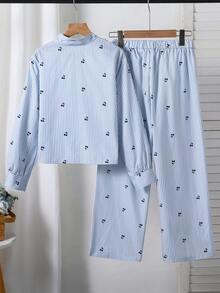 Left Mama Girls' Casual Sweet Cherry Print Striped Long Sleeve Top And Straight Leg Pants Set, Spring/Autumn - Blue - View 3