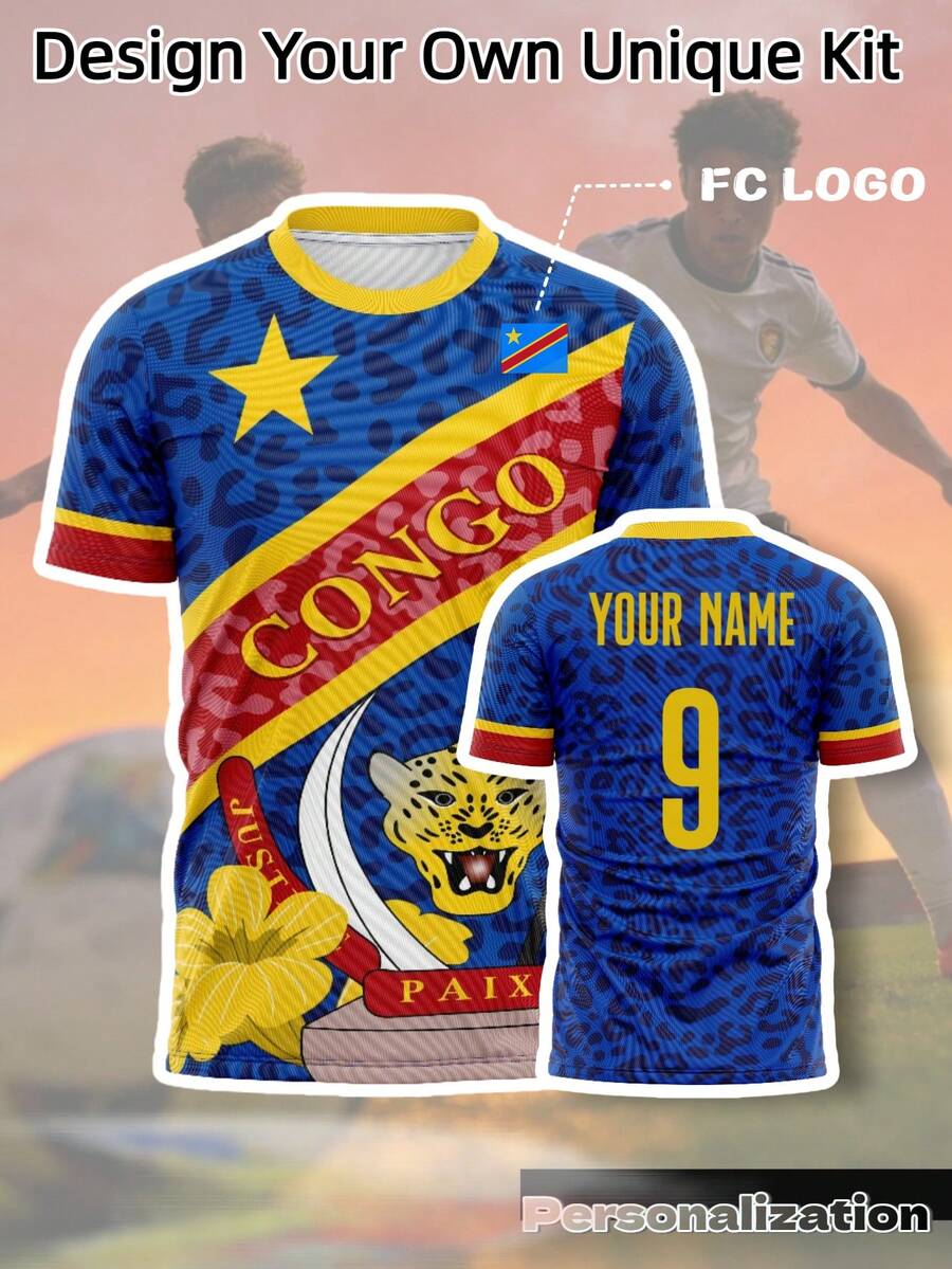 Jersey Fan Bertema Leopard, Warna Biru Penuh dengan Tekstur Leopard, Bintang Kuning Bendera Nasional, Olahraga Sepak Bola 2026 - Biru - View 1