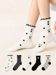 5 Pairs Random Black & White Bow Ruffle Mid-Calf Socks, Sweet Campus Style, Suitable For Work, Casual, All Seasons - Multicolor - View 2