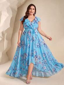 UNITHORSE Non-Positioning Flower V-Neck Ruffle Collar Detachable Tie Asymmetrical Ruffle Hem Printed Bridesmaid Dress - Blue - View 1