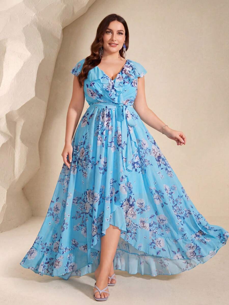 UNITHORSE Non-Positioning Flower V-Neck Ruffle Collar Detachable Tie Asymmetrical Ruffle Hem Printed Bridesmaid Dress - Blue - View 1