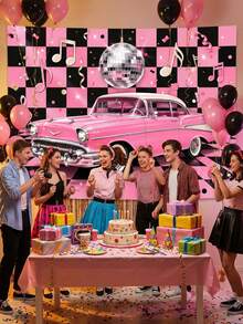 Y2K Millennium Pink Vintage Car Tapestry, 50s Retro Disco Black & Pink Checkerboard Backdrop, Mirror Disco Ball & Music Note Print, Vintage Rock 2000s Party Photo Backdrop, Girl's Bedroom Dorm Birthday Wall Decor - Multicolor - View 1