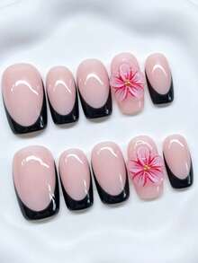 Zysa 10pcs High-Quality Square Handmade Nails Black French Manicure Press On Nails 3D Sculpted Nude Nails Short Nails Y2K Style Summer Nails, Daily Wear, Graduation, Travel, Holidays, Gifts Suitable For Parties And Music Festivals Back To School - Multicolor - View 3