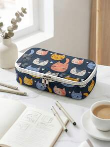 1pc, Cat Pattern Printed Large Capacity Pencil Case For Teenagers, Compartment Pencil Bag, School Storage Bag, Storage Box, Back , First Day Of School - Multicolor - View 13