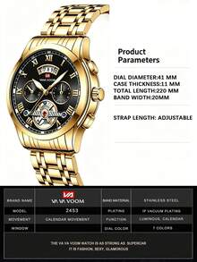 VA VA VOOM Brand Men's Watch, Stainless Steel Fashion Strap, Analog Tourbillon Design, Calendar Movement, Business Men's Quartz Watch - one-size - View 10