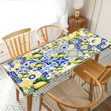 1pc Lemon Blue Floral Pattern Outdoor Elastic Tablecloth, Suitable For Spring And Summer Decoration, Perfect For Outdoor Patio, Indoor Dining, Picnic, Camping And Party - Multicolor - View 4