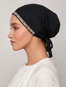 1pc Women's Solid Color Rhinestone Embellished Tie-Up Hat, Elastic Drawstring Headscarf With Inner Lining - B-hot Rhinestone Black - View 3