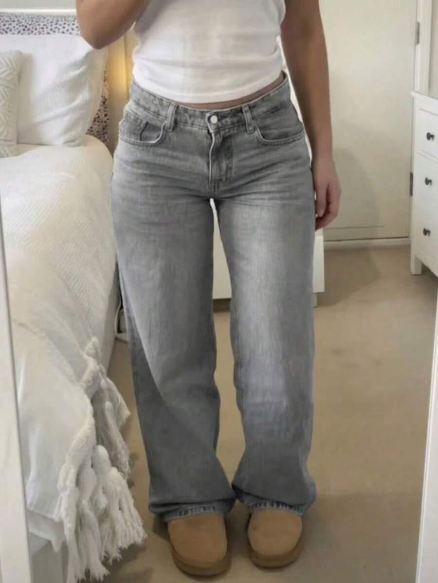 Teenager American Retro Distressed Light Gray Washed Denim Jeans - Grey - View 1