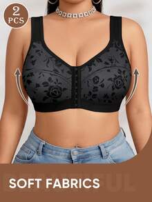 2pcs Women Plus Size Wireless Bra, Front Closure Design, Floral Print, Push Up Comfortable, Daily Wear - Multicolor - View 4