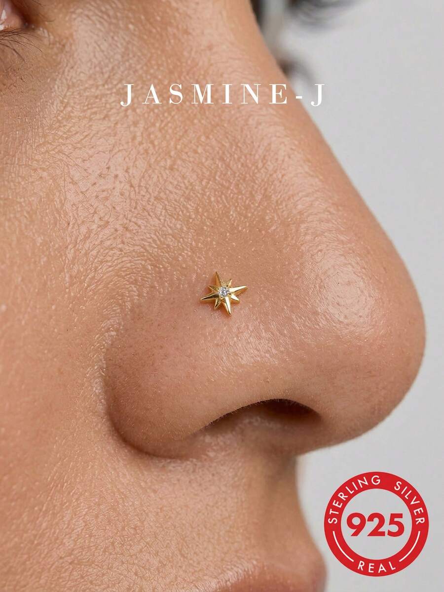 1pc S925 Sterling Silver Mini Face Piercing Jewelry, Gold Nose Stud, Nose Ring, Hypoallergenic Pure Silver, Teardrop Nose Hoop, Floral Nose Hoop, Octagonal Star Nose Hoop, Versatile, Unique, Unisex Piercing Accessory, Suitable For Daily Wear/Party Wear - Multicolor - View 1