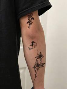 1 Sheet Men's Mixed Black Line Temporary Tattoo Stickers, Butterfly Rose Bow Kitten Inspirational Cursive Quote Waterproof Small Body Stickers For Wrist Finger Neck Rib Decor - Black - View 4