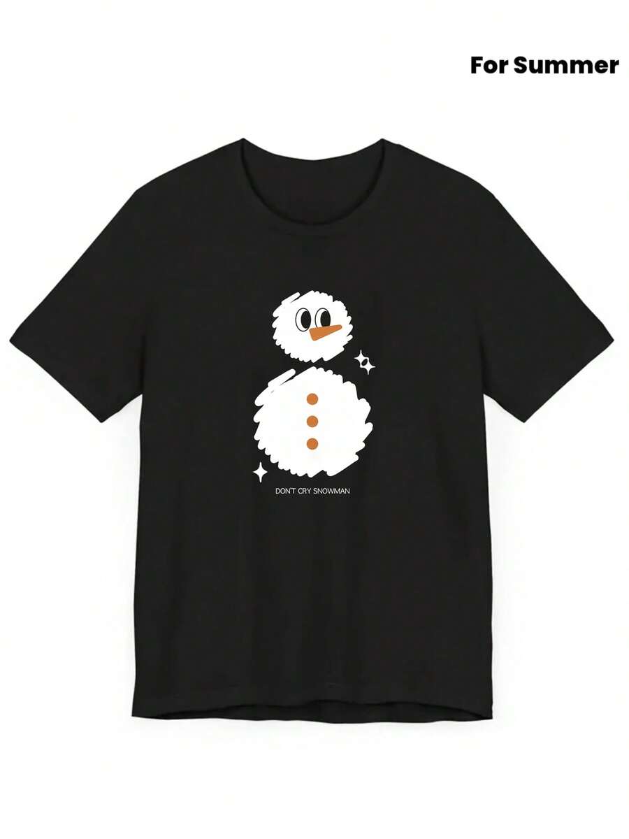 2026Spring And Summer New"Don't Cry"Snowman Letter Print Women's Short Sleeve Round Neck T Shirt - 黑色 - 查看 1