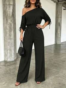 ChicMe Women's Oblique Collar Drawstring Cuff Elastic Waist Jumpsuit, Casual High Waist Wide Leg Jumpsuit, Elegant For Daily Office, Party Wear - Black - View 7