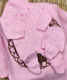 Complete Knitted Maternity Outfit, Blanket, Hat And Gloves - 粉色 - 查看 5