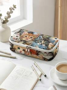 1pc, Cat Pattern Printed Large Capacity Pencil Case For Teenagers, Compartment Pencil Bag, School Storage Bag, Storage Box, Back , First Day Of School - Multicolor - View 12