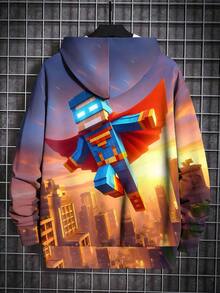 Tween Boy Fashion Printed Casual Pullover - Long Sleeve, Crew Neck Sweatshirt, Suitable For Spring And Autumn, Cool Print - Orange - View 3