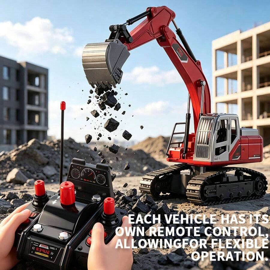 Remote Control Excavator Toy With Dump Truck Loading, Rotating Function, Battery Operated, Boys Remote Control Toy With Lights And Sound Effects, High-Quality Construction Vehicle Toy Gift, Suitable For Children 6 Years And Older