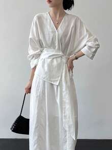 Elegant Fashion Asymmetrical Hem Tie-Front Blouse - White - View 6