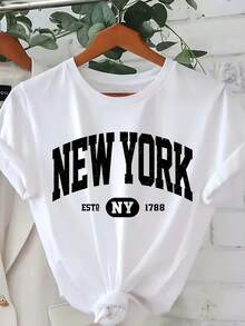 Elegant Vintage Women's Shirt, Round Neck T-Shirt With New York Letter Print, Casual Short-Sleeved Top For Spring And Summer, Women's Clothing, Summer Tops. - White - View 1