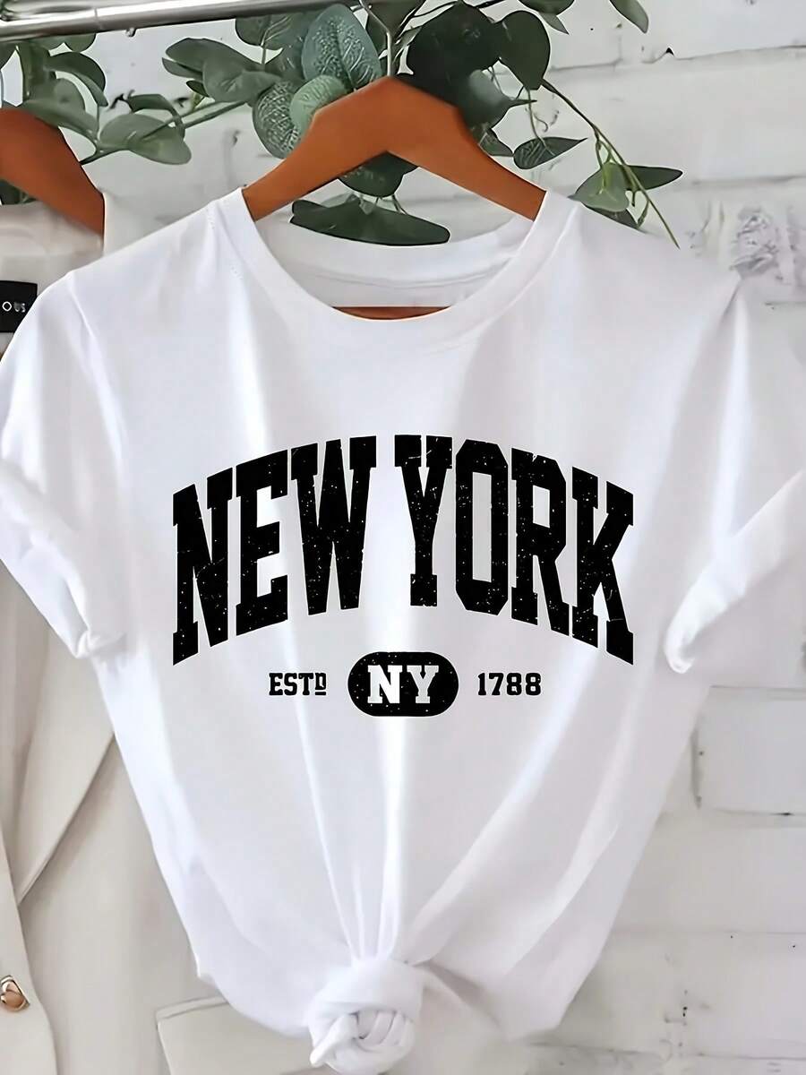 Elegant Vintage Women's Shirt, Round Neck T-Shirt With New York Letter Print, Casual Short-Sleeved Top For Spring And Summer, Women's Clothing, Summer Tops. - White - View 1