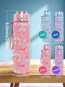 1pc/5pcs 750ml Double Cherry Pink Bow Print Sports Water Bottle, Flip Lid Design, Reusable Lightweight Leak-Proof Portable Travel Drinking Cup, Suitable For Outdoor Sports And Daily Use - Multi-colored Cherry Bow - View 4