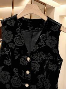 Women's Autumn/Winter Office Daily Wear Inner/Outer Layer Composite Velvet Fabric Embossed Single-Breasted Sleeveless Blazer - Black - View 4