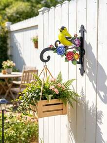 Colorful Goldfinch & Floral Decorative Wall Mount Plant Bracket, Wrought Iron Hanging Flower Pot Hook, Heavy Duty Anti-Rust Hanger For Hanging Basket, Bird Feeder, Wind Chime, Lantern, Outdoor Patio Yard Porch Garden Wall Art Decor - Yellow Bird Flowers - View 1