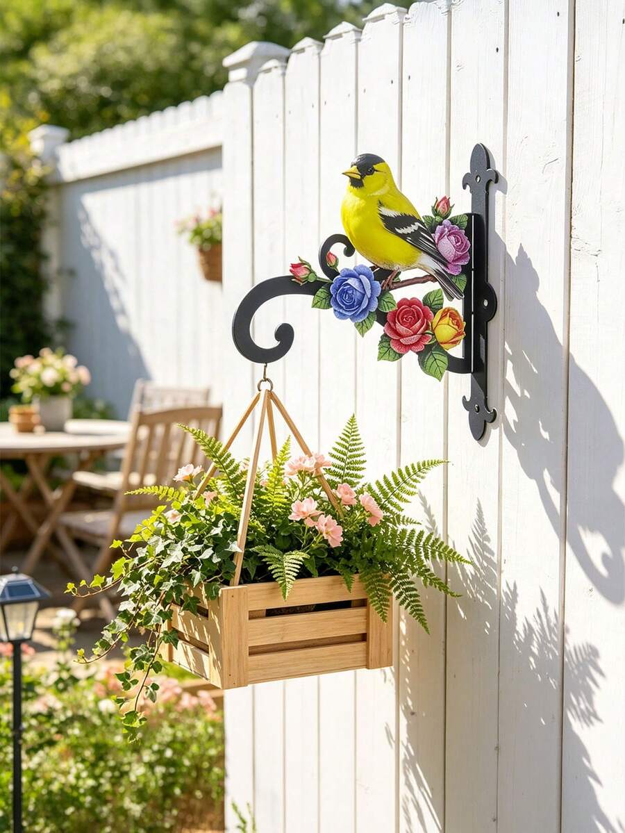 Colorful Goldfinch & Floral Decorative Wall Mount Plant Bracket, Wrought Iron Hanging Flower Pot Hook, Heavy Duty Anti-Rust Hanger For Hanging Basket, Bird Feeder, Wind Chime, Lantern, Outdoor Patio Yard Porch Garden Wall Art Decor - Yellow Bird Flowers - View 1