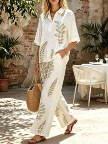 Women's Casual Bohemian Style 2-Piece Set, Floral Print Top Paired With Wide Leg Pants, Button Shirt Collar Summer Outfit - Apricot - View 5