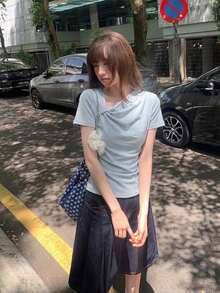 夏季韓式深V領扭結抓皺設計短袖T恤休閒款 - 藍色 - 查看 4