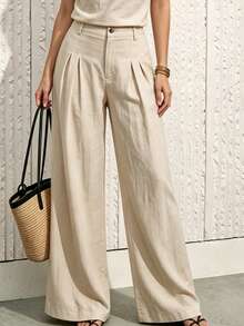Fall Women High Waist Pleated Linen Blend Wide Leg Pants, Button Zip Solid Casual Trousers With Pockets - Apricot - View 1