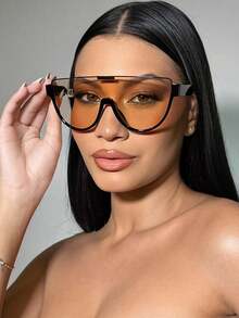 1pc Large Frame One-Piece Lens Fashion Glasses Half-Rim Tea Color Street Style Versatile Women's Eyewear - 亮黑茶片 - 查看 4
